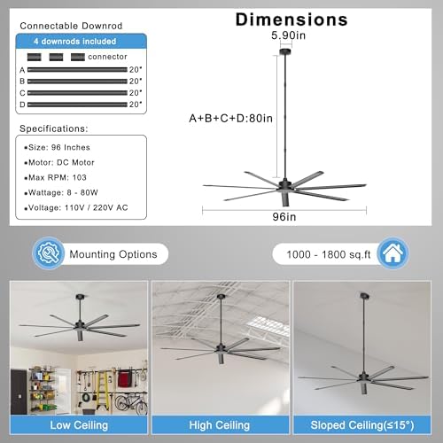 96'' Industrial Ceiling Fan No Light for Workshop, Black in Black, alternate view 3
