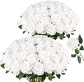 96 PCS White Roses, Velvet Realistic Fake Flowers w/Stems in White