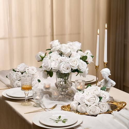 96 PCS White Roses, Velvet Realistic Fake Flowers w/Stems in White, alternate view 5