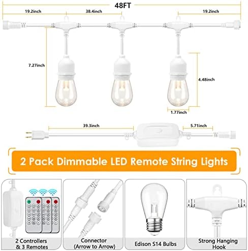 96FT(2x48FT) 3 Colors LED Outdoor String Lights with Remote, White in 2x48FT in White, alternate view 2