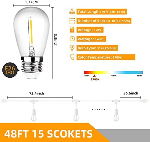 96FT(48×2) Outdoor String Lights, Commercial Grade Heavy Duty White Wire Patio Light with Dimmable S14, alternate view 6
