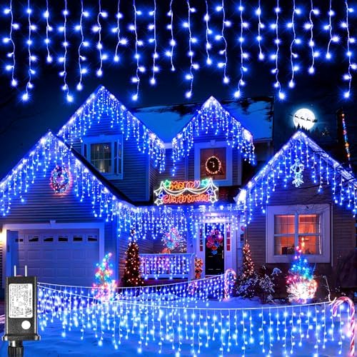 98FT 1216 LED Icicle Lights for Outside, 8 Modes 228 Drops, Blue in Blue