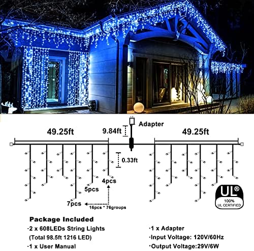 98FT 1216 LED Icicle Lights for Outside, 8 Modes 228 Drops, Blue in Blue, alternate view 4