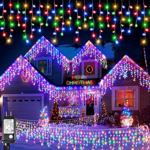 98FT 1216 LED Icicle Lights for Outside, 8 Modes 228 Drops, Multicolor