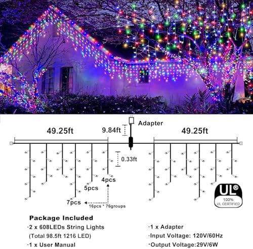 98FT 1216 LED Icicle Lights for Outside, 8 Modes 228 Drops, Multicolor, alternate view 4