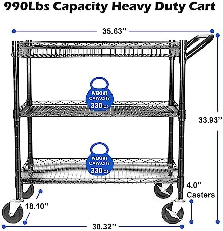 990Lbs Capacity Heavy Duty Rolling Utility Cart, NSF Rolling Carts with Wheels, Commercial Grade Metal Cart with, alternate