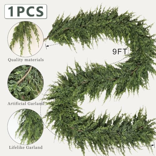 9FT 1PCS Artificial Christmas Cedar Pine Garland for Mantle Home Decor in Green, alternate view 5