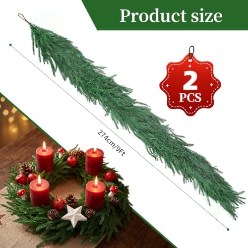 9Ft 2Pcs Artificial Norfolk Pine Garland, Real Touch Faux Greenery for Fireplace Mantel Staircase Wall, alternate view 2