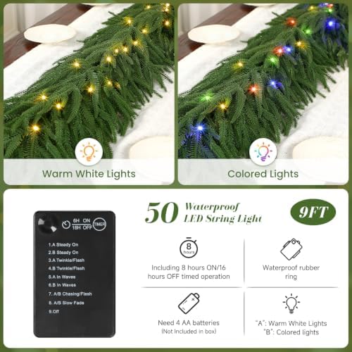 9FT Artificial Christmas Garland with Lights, Norfolk Pine Garland, alternate view 2