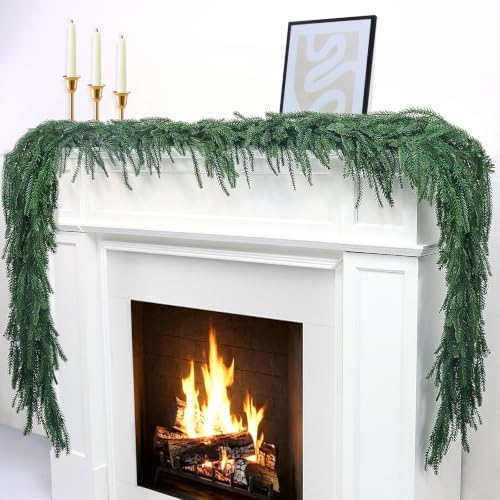 9Ft Artificial Norfolk Pine Garland, Real Touch Faux Greenery for Fireplace Mantel Staircase Wall, Christmas