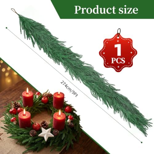9Ft Artificial Norfolk Pine Garland, Real Touch Faux Greenery for Fireplace Mantel Staircase Wall, Christmas, alternate view
