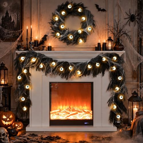 9FT Black Halloween Garland with Eyeball String Light Spider Cotton Spiders, alternate view 2