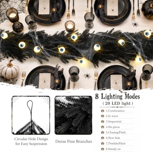 9FT Black Halloween Garland with Eyeball String Light Spider Cotton Spiders, alternate view 3