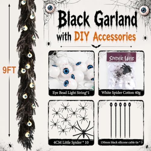 9FT Black Halloween Garland with Eyeball String Light Spider Cotton Spiders, alternate view 4