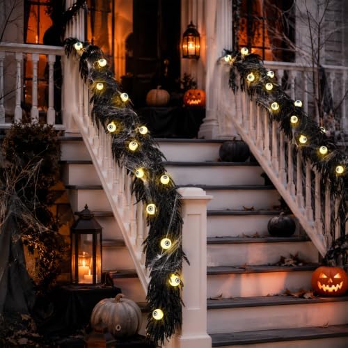 9FT Black Halloween Garland with Eyeball String Light Spider Cotton Spiders, alternate view 6