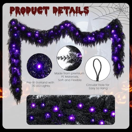 9FT Black Halloween Garland with Lights Realistic Prelit Christmas Garland, alternate view 3
