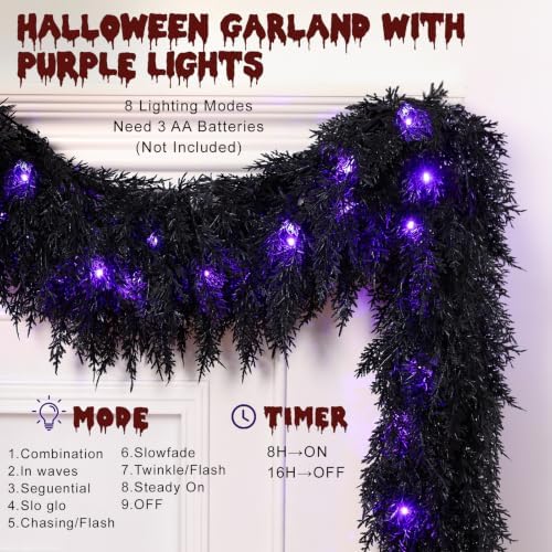 9FT Black Halloween Garland with Lights Realistic Prelit Christmas Garland, alternate view 4