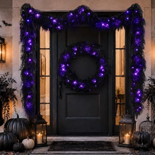 9FT Black Halloween Garland with Lights Realistic Prelit Christmas Garland, alternate view 5