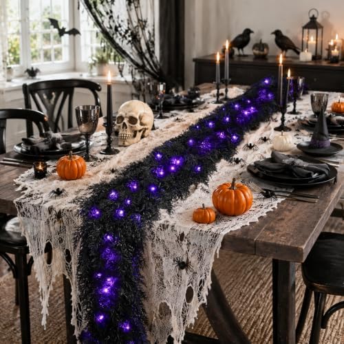 9FT Black Halloween Garland with Lights Realistic Prelit Christmas Garland, alternate view 6