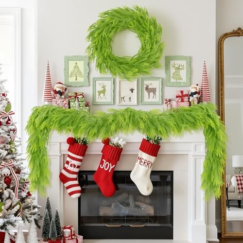 9FT Christmas Garland Norfolk Pine Garland Real Touch Artificial Christmas Lime Green Xmas Garland for Mantle, alternate view