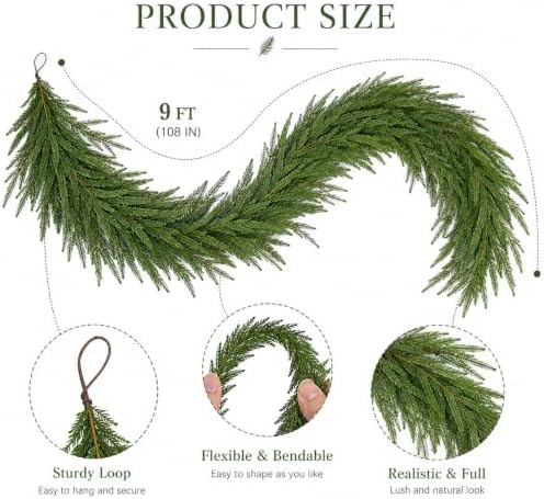 9FT Christmas Norfolk Pine Garland, Real Touch Artificial Greenery Garland, Realistic Faux Pine Garlands for, alternate view