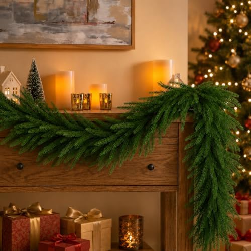 9FT Christmas Norfolk Pine Garland, Real Touch Artificial Greenery Garland, Realistic Faux Pine Garlands for, alternate view