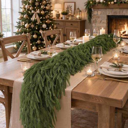 9FT Christmas Norfolk Pine Garland, Real Touch Soft Mantel Decor in Green