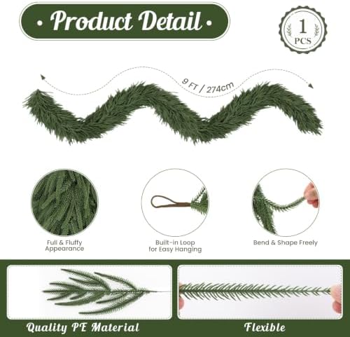 9FT Christmas Norfolk Pine Garland, Real Touch Soft Mantel Decor in Green, alternate view 4