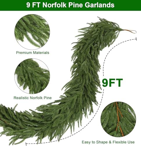9FT Christmas Norfolk Pine Garland, Realistic Green Artificial Pine Garland, Unlit Christmas Greenery for Indoor, alternate