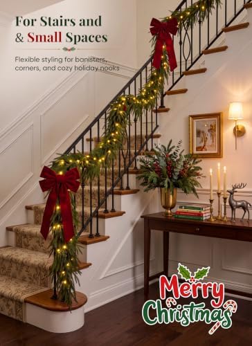 9FT Christmas Norfolk Pine Garland with LED String Lights for Mantle, 4 Pcs, alternate view 2