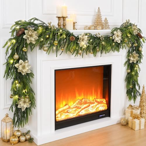 9FT Christmas Prelit Norfolk Pine Garland with Lights Christmas Flowers Balls Berries Pine Cones Real Touch Pine