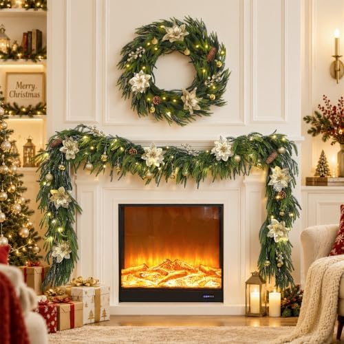 9FT Christmas Prelit Norfolk Pine Garland with Lights Christmas Flowers Balls Berries Pine Cones Real Touch Pine, alternate