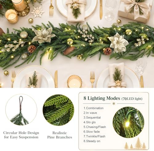 9FT Christmas Prelit Norfolk Pine Garland with Lights Christmas Flowers Balls Berries Pine Cones Real Touch Pine, alternate