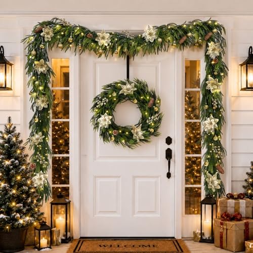 9FT Christmas Prelit Norfolk Pine Garland with Lights Christmas Flowers Balls Berries Pine Cones Real Touch Pine, alternate