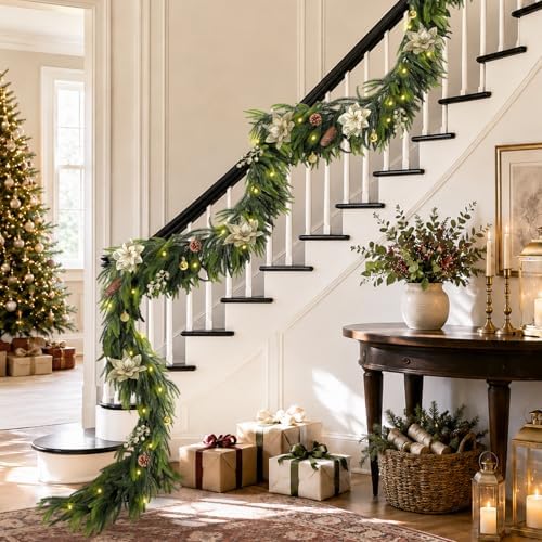 9FT Christmas Prelit Norfolk Pine Garland with Lights Christmas Flowers Balls Berries Pine Cones Real Touch Pine, alternate