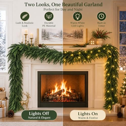 9FT Christmas Real Touch Norfolk Pine Garland with 50 LED Lights, alternate view 3