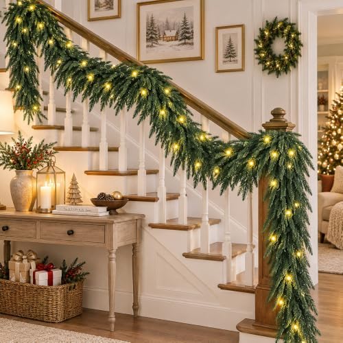 9FT Christmas Real Touch Norfolk Pine Garland with 50 LED Lights, alternate view 4
