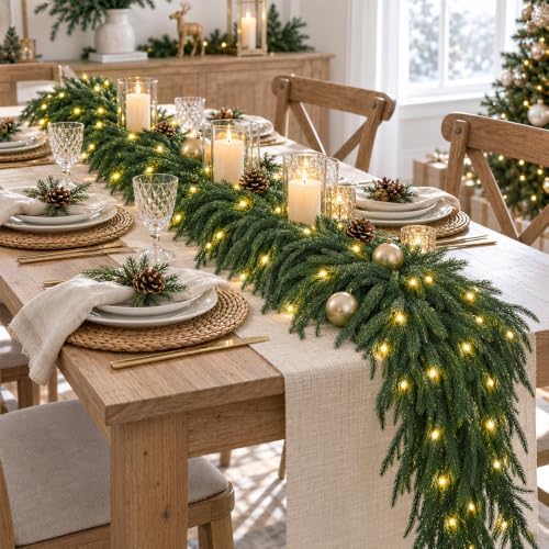 9FT Christmas Real Touch Norfolk Pine Garland with 50 LED Lights, alternate view 5