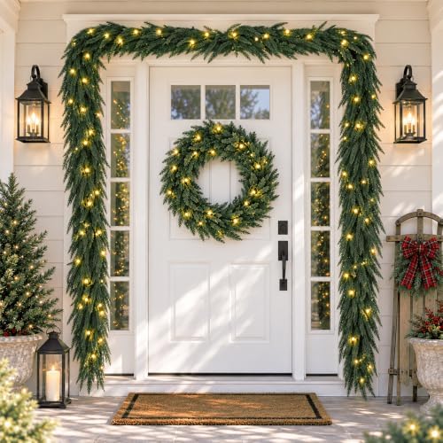 9FT Christmas Real Touch Norfolk Pine Garland with 50 LED Lights, alternate view 7