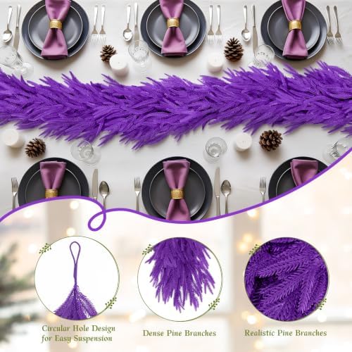 9FT Halloween Norfolk Pine Garland Real Touch Artificial Christmas Purple Xmas Garland for Mantle, Table Holiday, alternate