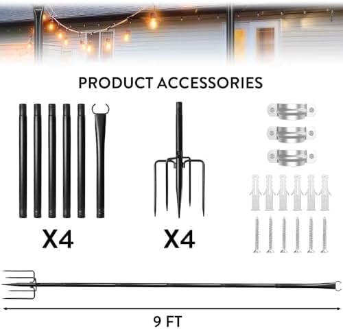 9FT Metal String Light Poles, with Fence Brackets, 4 Pack Metal Poles for Outdoor Lights, Patio, Deck, Yard, alternate view 3