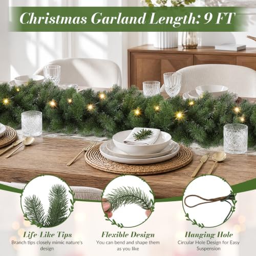 9FT Pre-Lit Christmas Garland, Lighted Norfolk Pine Garland, alternate view 2