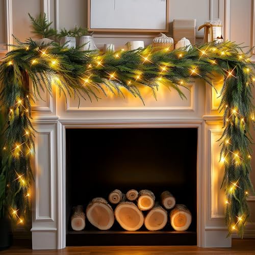 9FT Pre-Lit Christmas Garland with Lights, 50 LED Lighted Artificial Norfolk Pine Garlands, Christmas