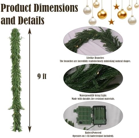 9FT Pre-Lit Christmas Garland with Lights, 50 LED Lighted Artificial Norfolk Pine Garlands, Christmas, alternate view 2