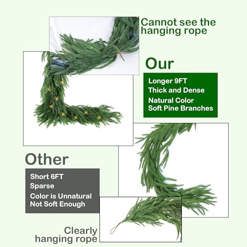 9FT Pre-Lit Christmas Garland with Lights, 50 LED Lighted Artificial Norfolk Pine Garlands, Christmas, alternate view 3