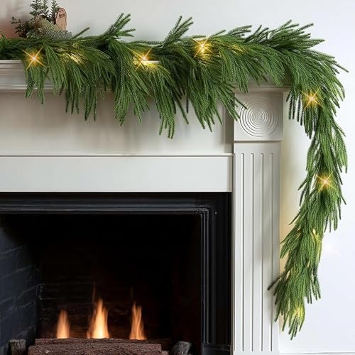9FT Pre-Lit Christmas Garland with Lights, 50 LED Lighted Artificial Norfolk Pine Garlands, Christmas, alternate view 5