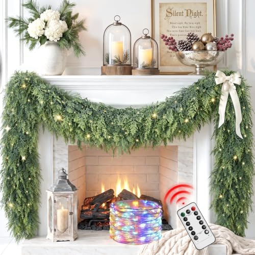 9Ft Prelit Real Touch Cedar Christmas Garland with Lights for Mantle Decor
