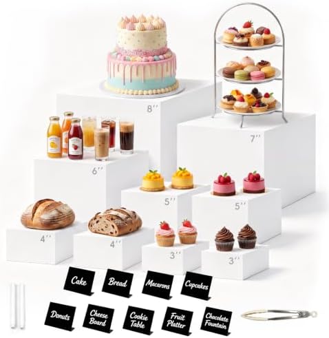9Pcs White Buffet Risers with Mini Table Sign, Maker and Serving Tongs, Acrylic Food Display Stands for Buffet