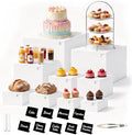 9Pcs White Buffet Risers with Mini Table Sign, Maker and Serving Tongs, Acrylic Food Display Stands for Buffet