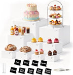9Pcs White Buffet Risers with Mini Table Sign, Maker and Serving Tongs, Acrylic Food Display Stands for Buffet